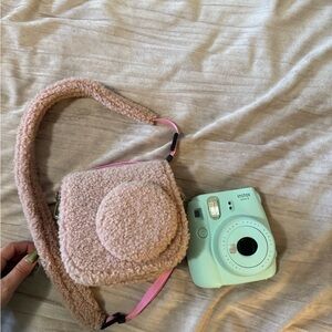 Pink Fuzzy Camera Bag with Mint Instax Camera